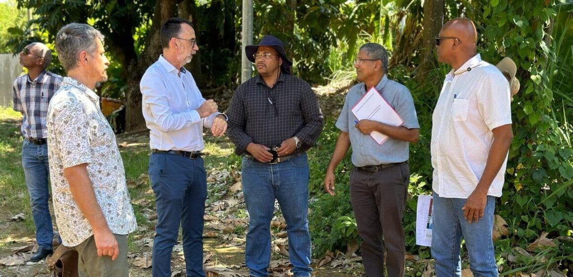 Le mairie de Capesterre-Belle-Eau, Jean-Philippe Courtois, et le directeur de la Déal Guadeloupe, Olivier Kremer, passent en revue le 12 avril 2024 des habitations en péril d’effondrement côtier. Photo : FB Ville de Capesterre Belle-Eau