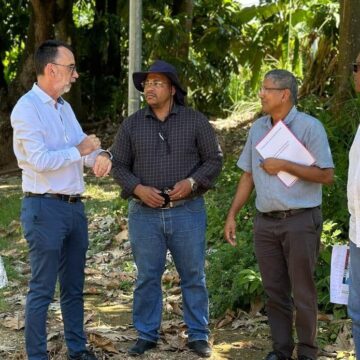 Le mairie de Capesterre-Belle-Eau, Jean-Philippe Courtois, et le directeur de la Déal Guadeloupe, Olivier Kremer, passent en revue le 12 avril 2024 des habitations en péril d’effondrement côtier. Photo : FB Ville de Capesterre Belle-Eau