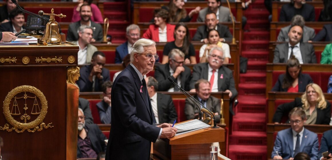 Le Premier ministre Michel Barnier prononce, ce mardi 1er octobre 2024, sa déclaration de politique générale, devant les députés à l’Assemblée nationale, à Paris. Photo : Isa Harsin/Sipa